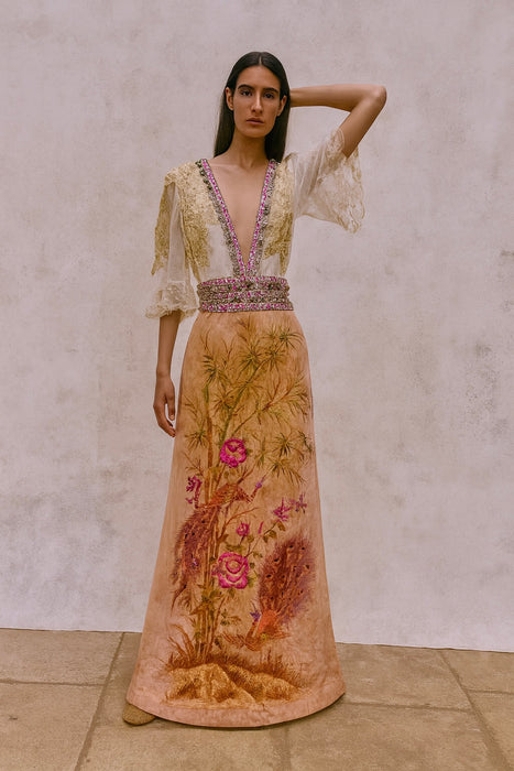 Aurora, reworked 18th C embroidered and lace dress