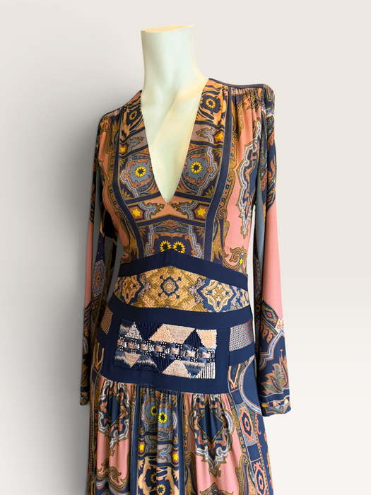 Etro, Fall 2015, runway geometric print beaded long jersey dress
