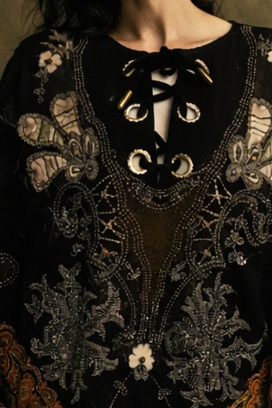 Marina, 70s paisley wool cape with 20s beading and floral embroidery