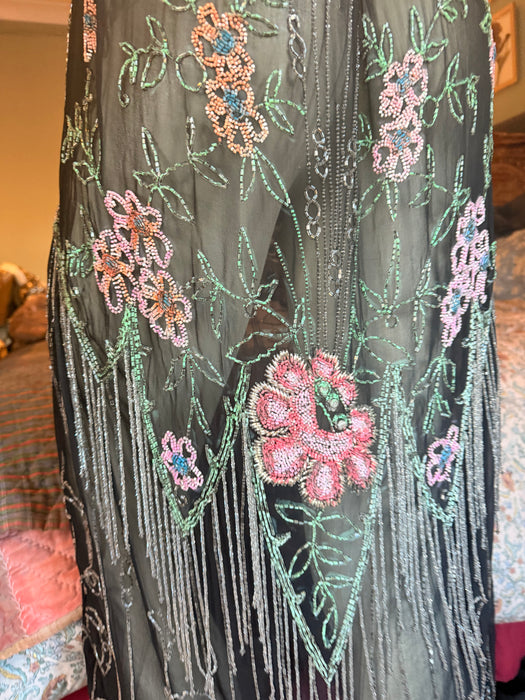 Dana, reworked 1920s black beaded floral fringed silk chiffon scalloped dress