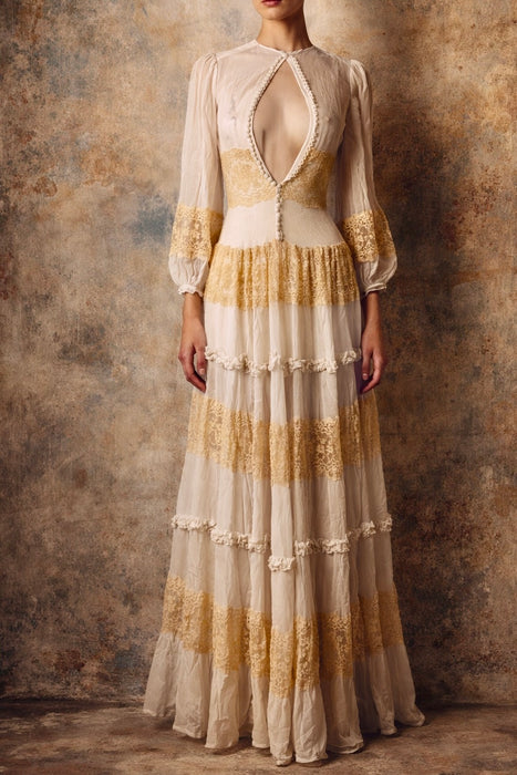 Sabine, 30s off white chiffon and cream lace tiered buttoned dress