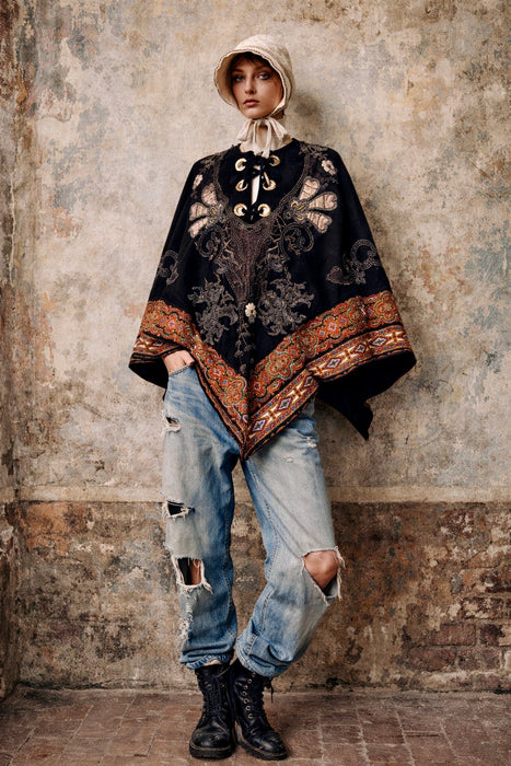 Marina, 70s paisley wool cape with 20s beading and floral embroidery