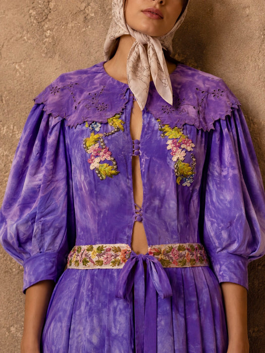 Hyacinth, 30s hand dyed silk robe with Edwardian ribbon florals
