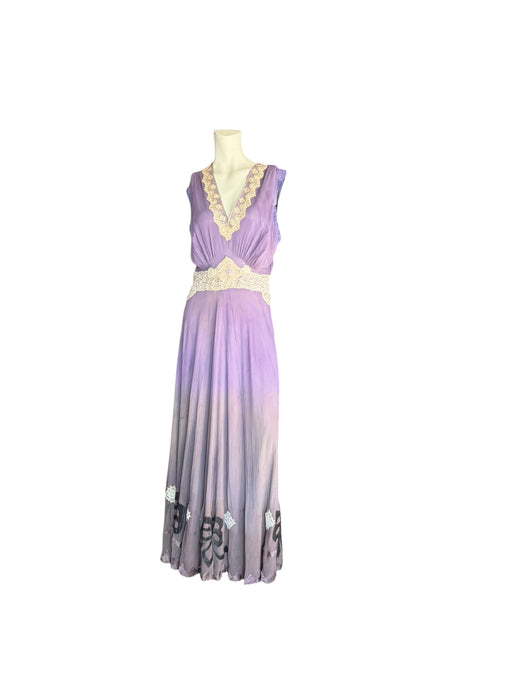 Lavender, 1930s hand dyed silk and lace dress with lace ribbon inserts