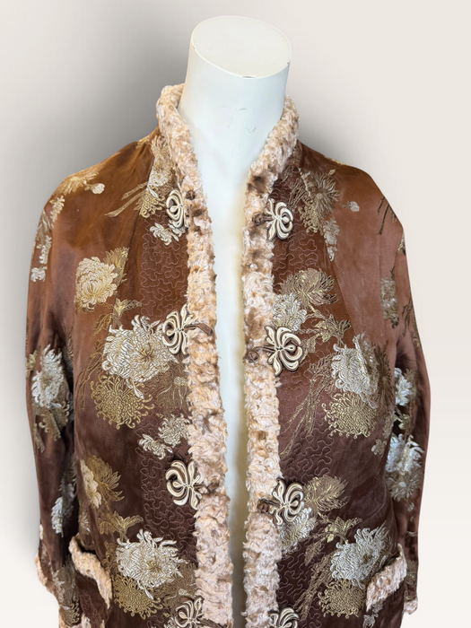 Edina, 70s Oriental camel silk damask teddy lined jacket