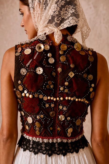 Natalia, reworked Victorian tiered skirt and Afghan beaded dress