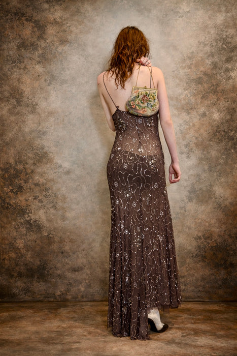 Aria, 90s anthracite silk bias cut beaded mermaid dress