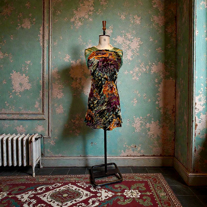 Radcliffe, reworked 20s silk devoré floral fringed dress