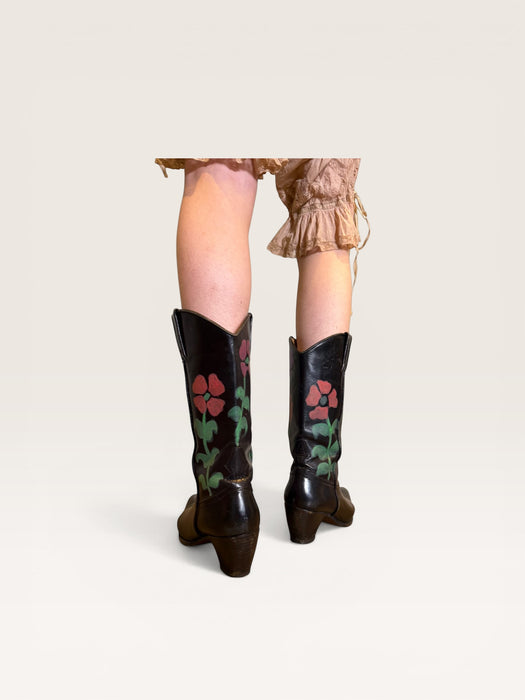 Dallas, 70s black leather hand painted cowboy boots