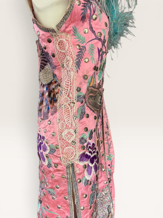 Adage, 19thC pink silk embroidered Chinese long waistcoat with feather collar