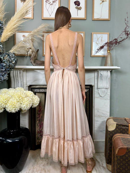 Janet Reiger, blush pink silk and lace dress