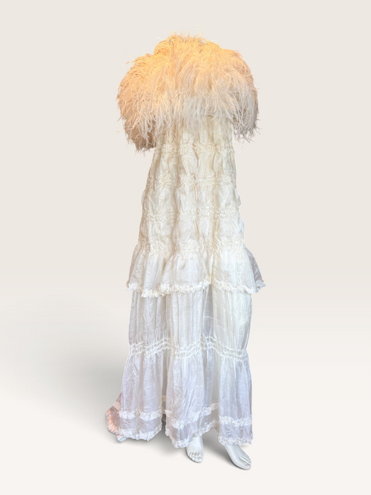 Bodie, vintage white ostrich feather and Victorian silk ruffle skirt