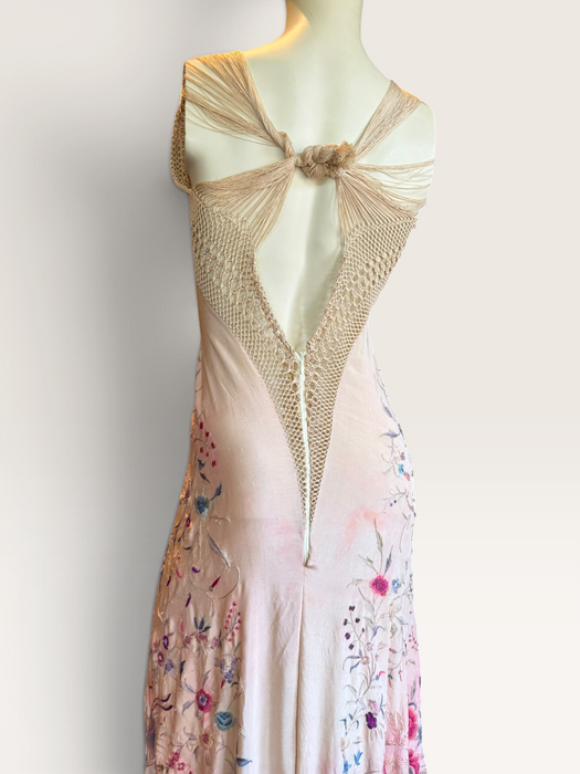 Daria, reworked bias cut cream piano shawl embroidered fringed dress