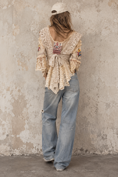 Paulina, reworked antique lace blouse with Romanian silk embroidered sleeves and collar