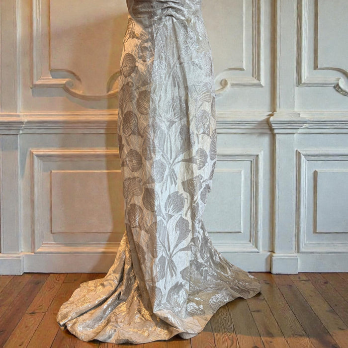 Monica, 20s silver floral lamé dress with bustle train