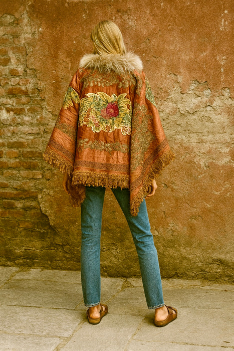 Paulina, 19thC silk embroidered fringed cape with needlepoint florals