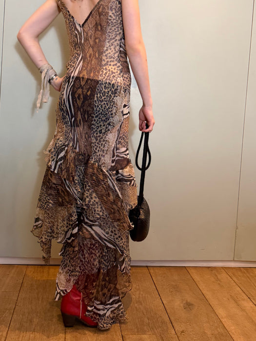 Lola, 90s mixed animal print silk chiffon  bias cut frill dress