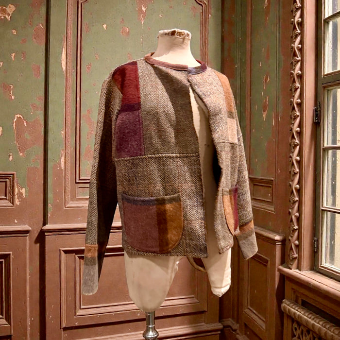 Chiara, reworked vintage Irish wool patchwork jacket