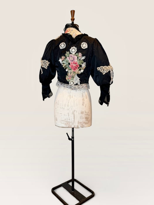 Kiki, Victorian black silk jacket with mutton sleeves, embellished with beaded lace