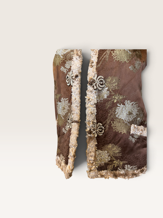 Edina, 70s Oriental camel silk damask teddy lined jacket