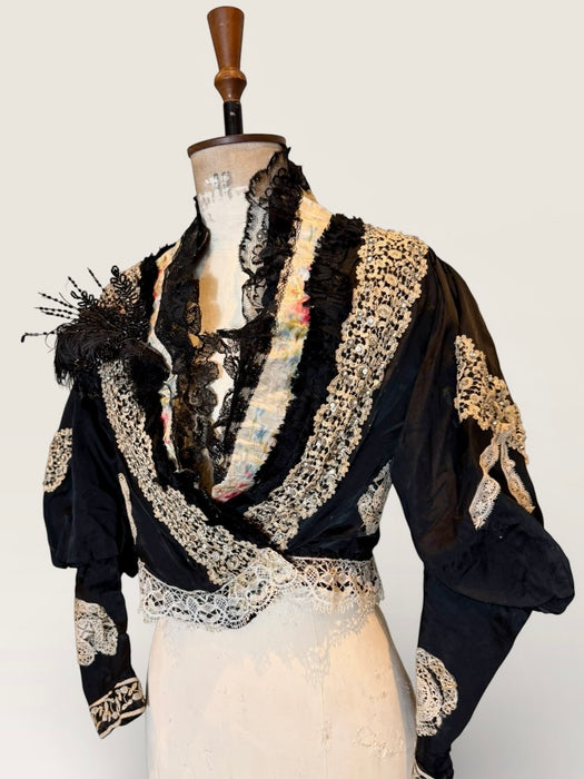 Kiki, Victorian black silk jacket with mutton sleeves, embellished with beaded lace
