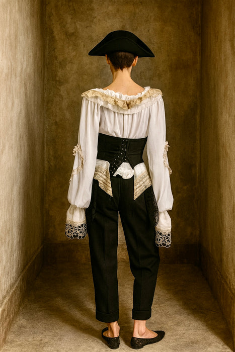 Pluto, reworked corseted lace and beaded poet blouse