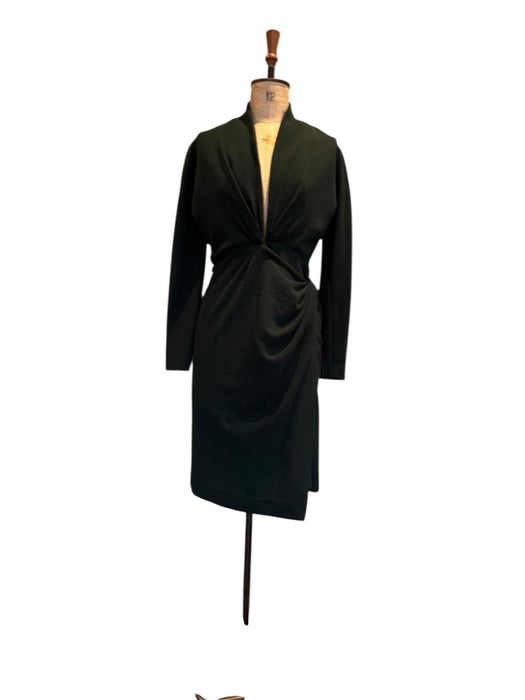 Donna Karen, Y2K bottle green wool draped wrap over dress