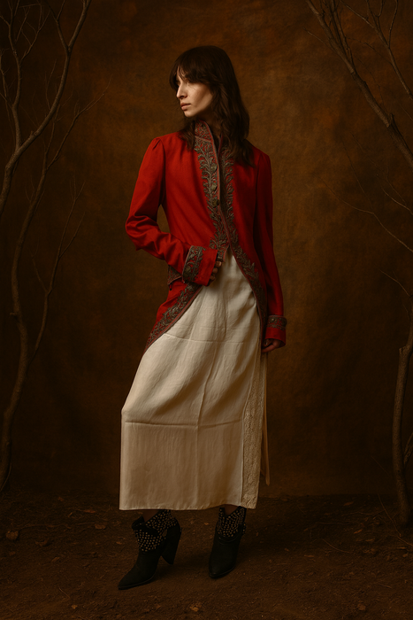 Miel, 19th C, red beaded embroidered tailcoat