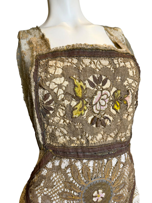 Miter, reworked 1920s French gold lamé and lace dress with Edwardian embroidery