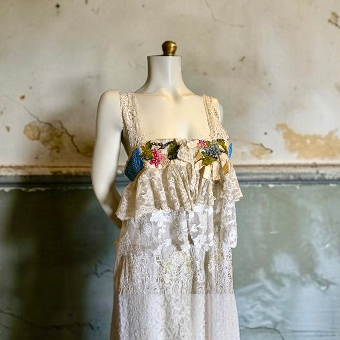 Roya, reworked Victorian lace dress with ribbon florals turquoise beading