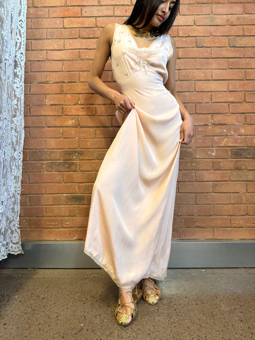 Tabitha, 20s silk bias cut dress with hand made florals