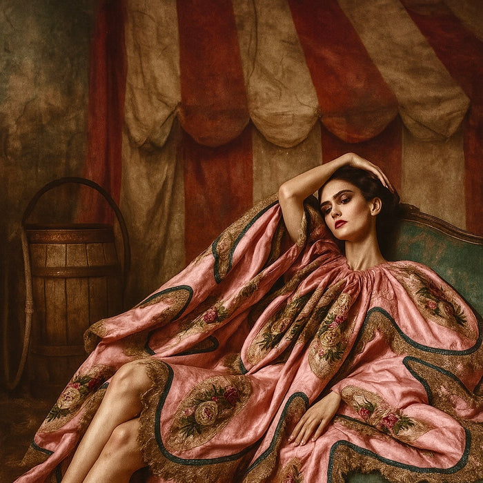 Troy, reworked Victorian silk floral and silver lace scalloped cape