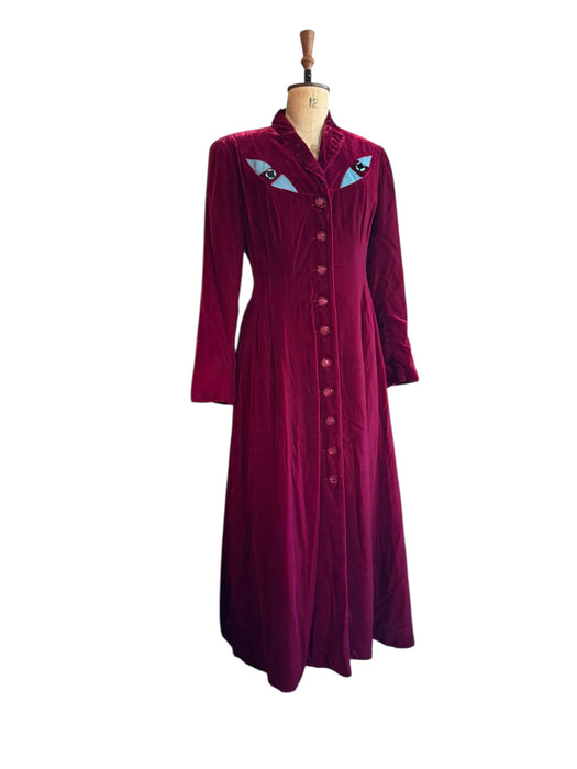 Michéle Pernetta, 80s burgundy velour cat eye long coat