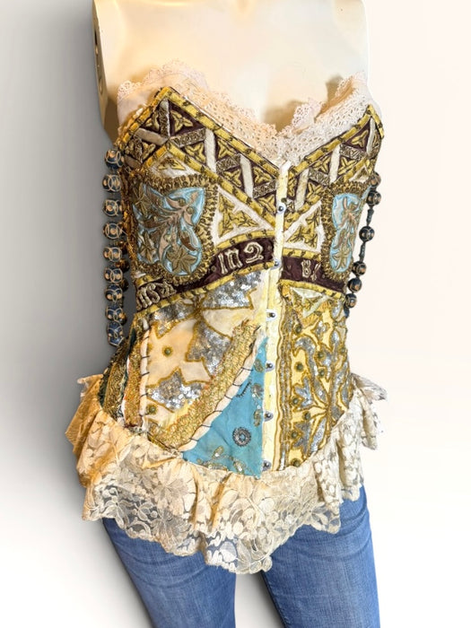 Papal, Edwardian ecclesiastical embroidered corset with lace and antique shoulder beads