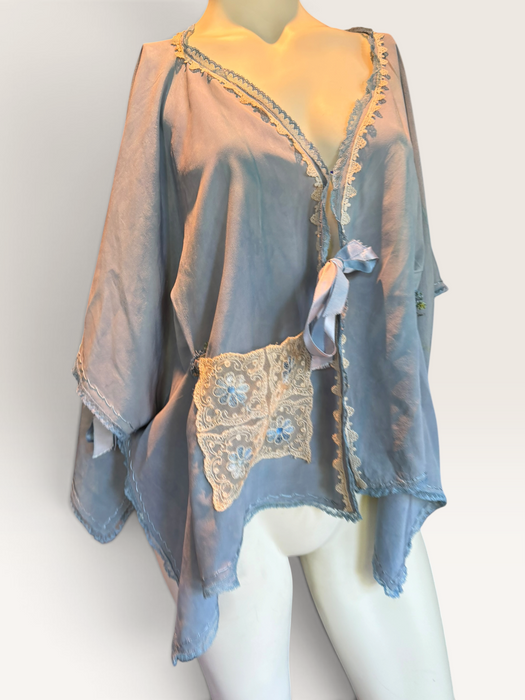 Adina, 30s, hand dyed pale blue silk and lace jacket
