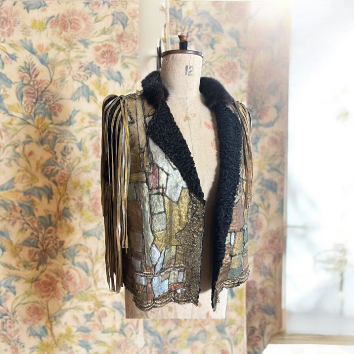 Tai, vintage metallic patchwork fringed sheepskin waistcoat