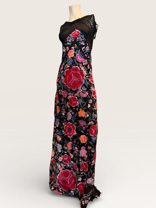 Birdie, reworked 40s embroidered piano shawl bias cut fringed dress