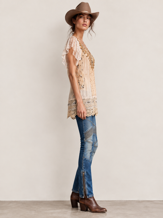 Ally, reworked 1920s silk and lace tunic with rhinestone detailing