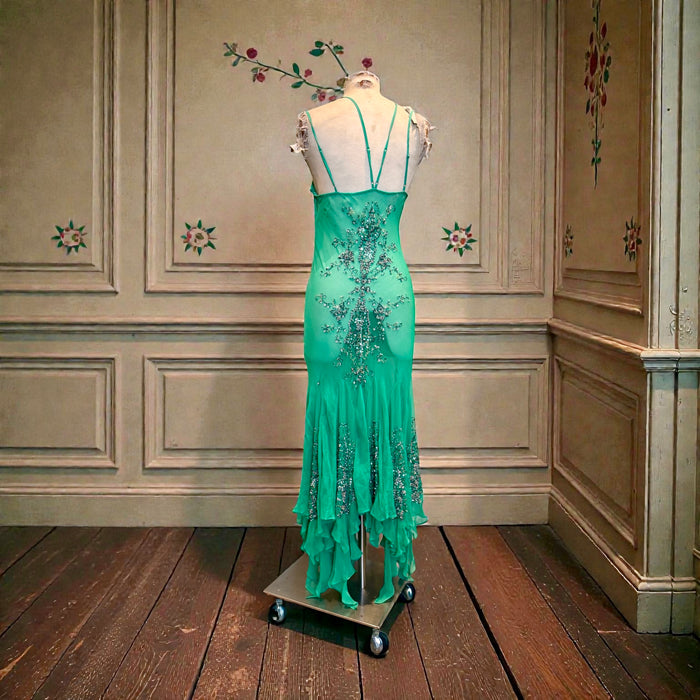 Esmeralda, 90s bias cut chiffon beaded dress with handkerchief silhouette