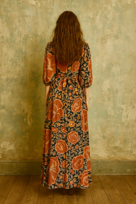 Mary, 70s silk floral print long dress wit balloon sleeves