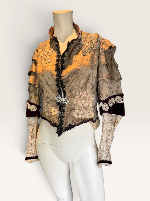 Carlotta, reworked Victorian silk damask and lace boned beaded jacket