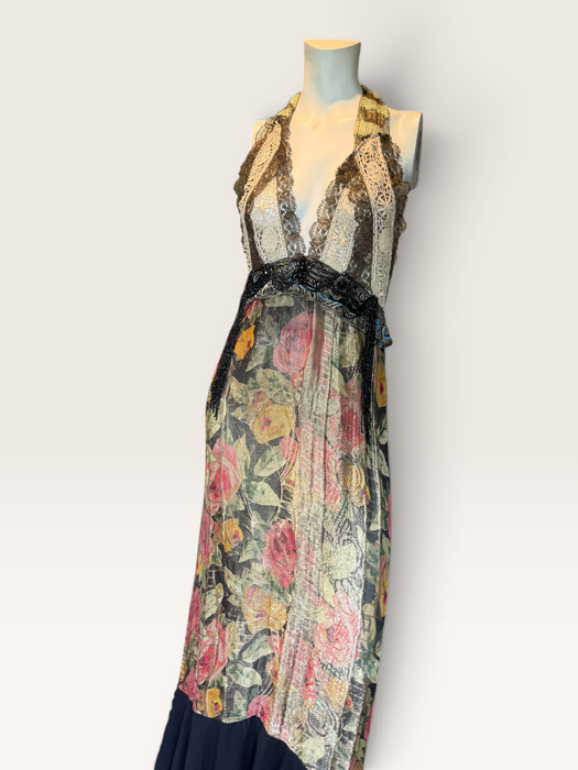 Dray, reworked 1920s floral lamé and metallic dress with glass black jet beaded fringed waistband