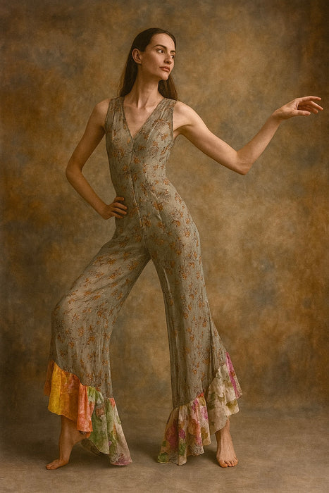 Heidi, reworked 40s floral chiffon jumpsuit with frills