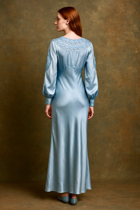 Harp, 30s silk pale blue bias cut duck egg blue dress