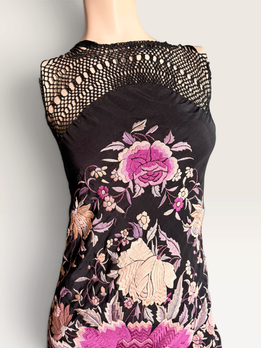 Cody, reworked 1940s black silk embroidered piano shall mini dress