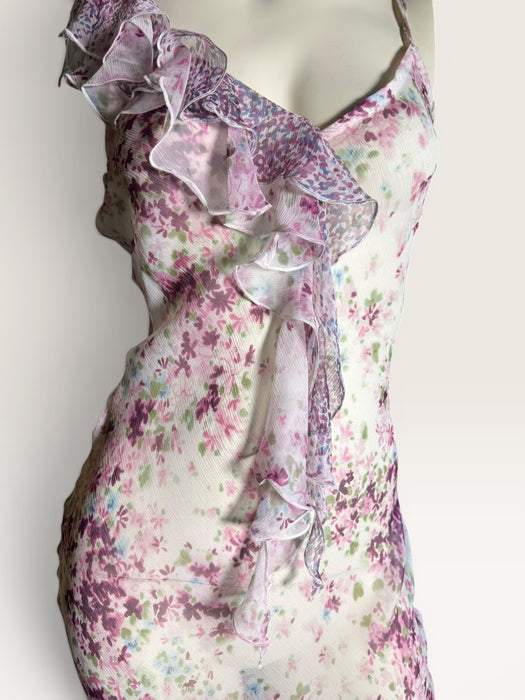 Lilly, 90s silk chiffon floral, bias cut frill dress