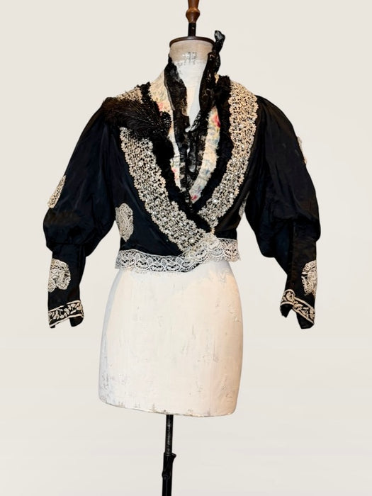 Kiki, Victorian black silk jacket with mutton sleeves, embellished with beaded lace