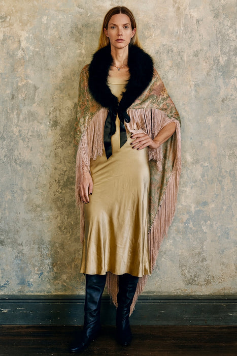 Wilma, 20s floral fringed velour cape with black feather collar and tie