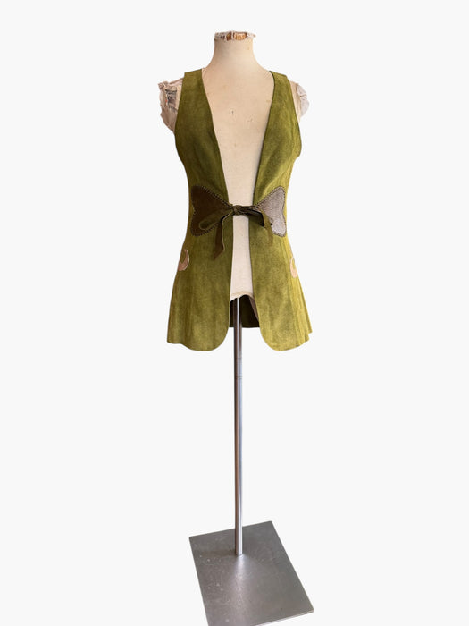 Basil, 70s olive green suede waistcoat with leather ties and handmade folk leather appliqué