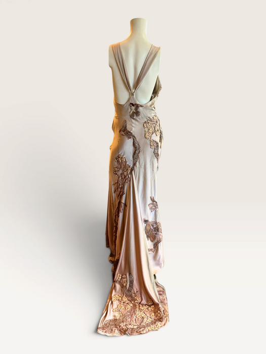 Daria, reworked antique pink bias cut silk and 1930s découpage gown